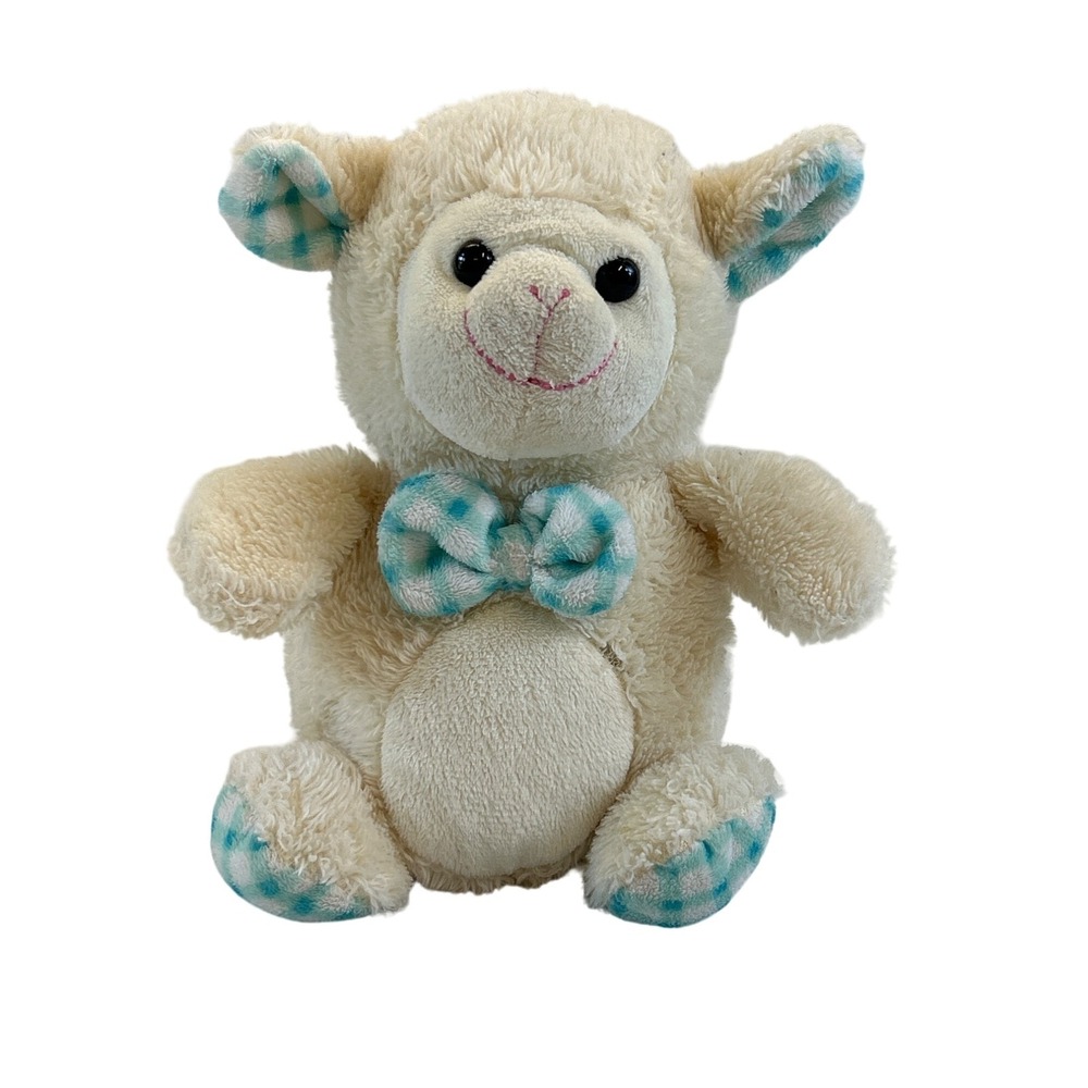 Kellytoy Lamb Sheep 8" Plush Cream Blue Check Feet Bow Ears Stuffed Animal